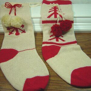 2 sweater knit Christmas stockings-red & cream colored--20" long